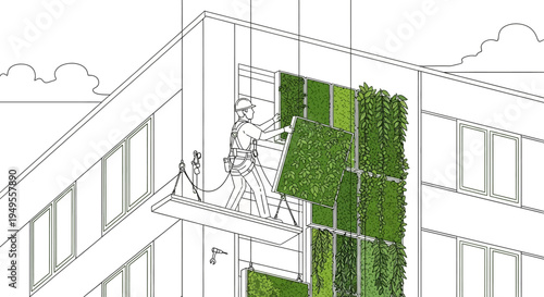 Sustainable Construction Worker Installing Modular Vertical Green Wall Panels on Modern Building Exterior Line Art Illustration