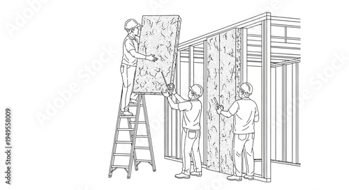 Construction Workers Installing Thermal Insulation in House Wall Frame Line Art Illustration