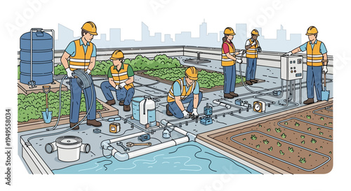 Professional Team Installing Sustainable Urban Green Roof System with Smart Irrigation and Water Management on a City Building