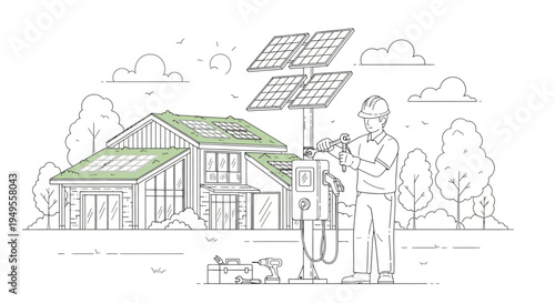 Technician Installing EV Charging Station with Solar Panels at Eco-Friendly House; Sustainable Renewable Energy Infrastructure Illustration