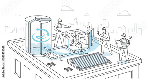 Sustainable Rooftop Water Filtration and Management System Illustration with Engineers, Storage Tank, and Solar Panels for Green Urban Building Infrastructure