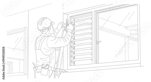 Construction Worker Installing Window Shutters on Ladder Line Art Illustration for Coloring Book