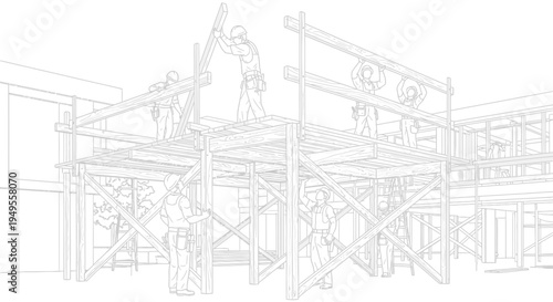 Construction Workers Building Wooden Structure Line Art Illustration, Coloring Page Style for Architects and Builders