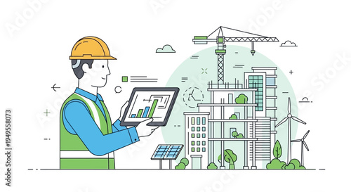 Sustainable Construction Engineer Holding Tablet for Green Building Project Management with Solar Panels and Wind Turbines - Eco Friendly Smart City Development Illustration