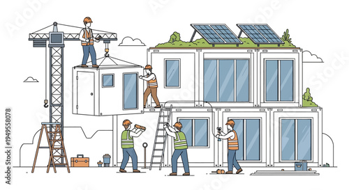 Modular Eco-Friendly Container House Construction Site with Workers, Crane, and Solar Panels Illustration