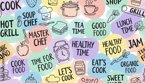 Colorful Kitchen Themed Collage with Cooking Icons and Text