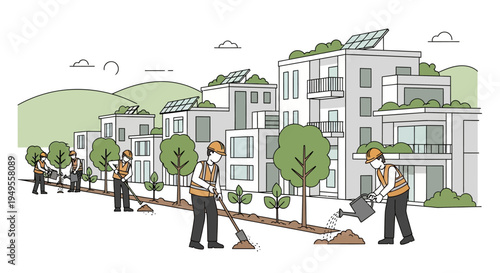 Modern Sustainable Urban Development Illustration Featuring Workers Planting Trees and Green Buildings with Solar Panels in an Eco-Friendly Neighborhood