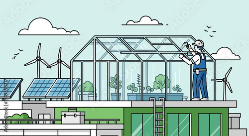 Sustainable Urban Rooftop Greenhouse Illustration with Solar Panels and Wind Turbines for Green Living Concepts