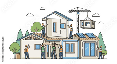 Modern Modular House Construction with Workers, Crane and Solar Panels for Sustainable Prefabricated Living