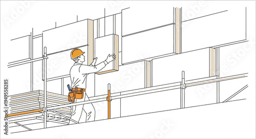 Construction Worker Installing Insulation Panels on Scaffolding Line Art Illustration