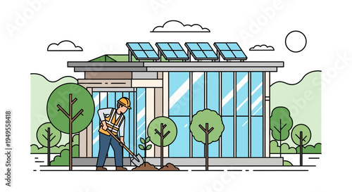 Sustainable Architecture and Eco-Friendly Construction Concept with Worker Planting a Tree and Solar Panels on a Modern Building Illustration