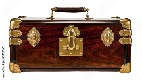 Photography Antique wooden trunk with rich dark grain, ornate polished brass hardware, and a