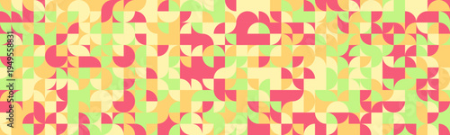 Vibrant geometric abstract background featuring a playful mix of pastel and coral semicircles and squares.  Ideal for modern design projects, website banners, or textile patterns.