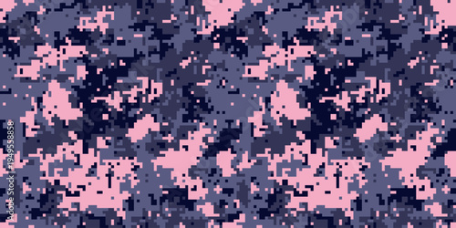 Abstract pixelated camouflage pattern in pink and dark blue hues.  Perfect for fashion, textile design, or digital backgrounds. This seamless texture offers a modern, stylish, and versatile aesthetic.