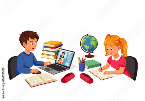 Two children sitting at a desk learning.