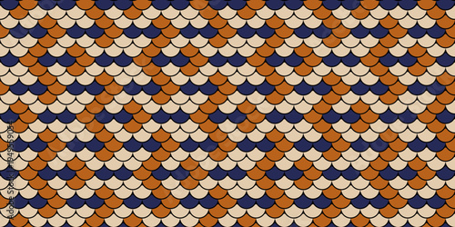 Geometric seamless pattern in autumnal hues.  Elegant, repeating design featuring overlapping scales, perfect for textiles, wallpapers, and website backgrounds.