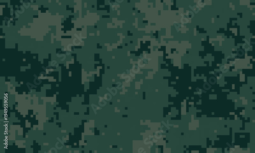 Abstract digital camouflage pattern in dark green tones. Ideal for backgrounds, textures, military themes, or designs requiring a sense of concealment and mystery.