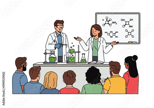 Two scientists teaching chemistry to students.