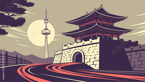 Traditional Korean Gate Structure Contrasting Modern City Tower Landmark Under Dusk Sky seoul skyline vector