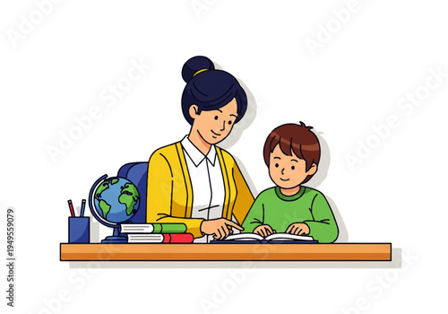 Woman and child at a desk.