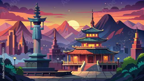 Traditional Asian Pagoda and Monument at Vibrant Sunset with Mountain Range Silhouette in Urban Background seoul skyline vector