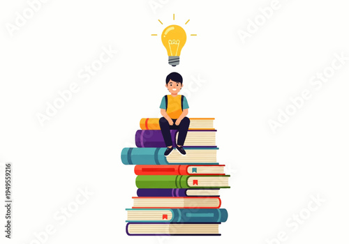 Boy Sitting on Stack of Books.