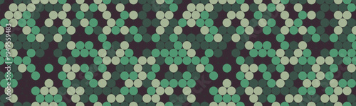 Abstract seamless pattern with clustered circles in muted greens and beige on a dark background.  Ideal for textile design, website backgrounds, or modern branding.