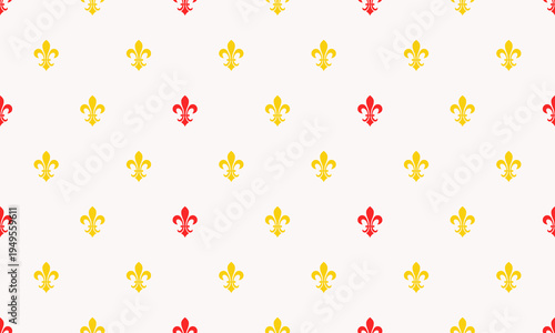 Elegant repeating pattern of red and gold fleurdelis on white background.  Perfect for website banners, textiles, or luxurious branding.  Sophisticated, regal design evokes heritage and tradition.