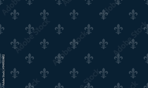 Elegant navy blue background featuring a repeating pattern of subtle grey fleurdelis.  Perfect for websites, invitations, or any design needing a touch of regal sophistication and timeless style.