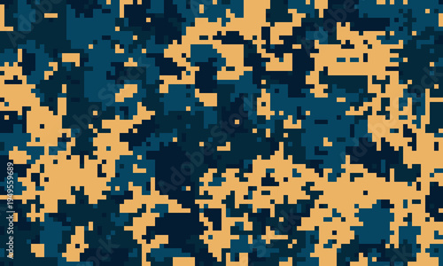 Abstract digital camouflage pattern in teal and beige.  Ideal for backgrounds, textiles, and militarythemed designs.  Pixelated texture evokes a sense of concealment and mystery.