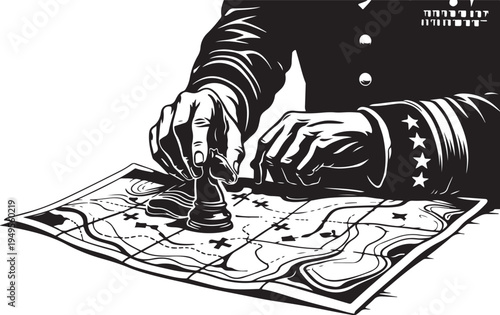 Military General Planning Strategy with Chess Piece on Topographic Map Vector Illustration