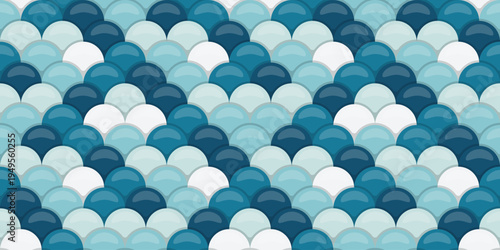 Seamless pattern of glossy, overlapping scales in calming blues and whites.  Perfect for backgrounds, textures, or website design, evoking serenity and a tranquil ocean vibe.