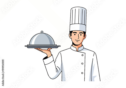 Smiling chef holding silver serving dish.