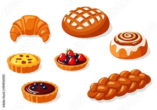 Variety of sweet baked pastry desserts.