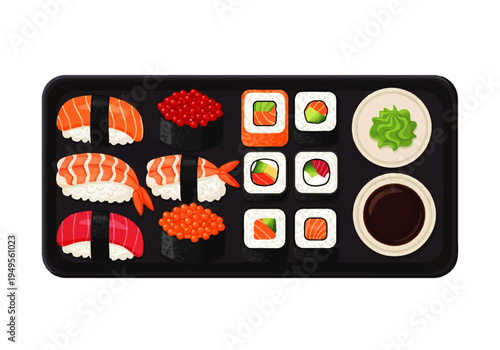 Variety of sushi on a tray.