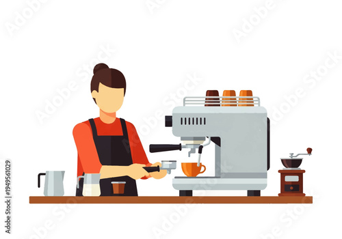 Woman working behind coffee shop counter.