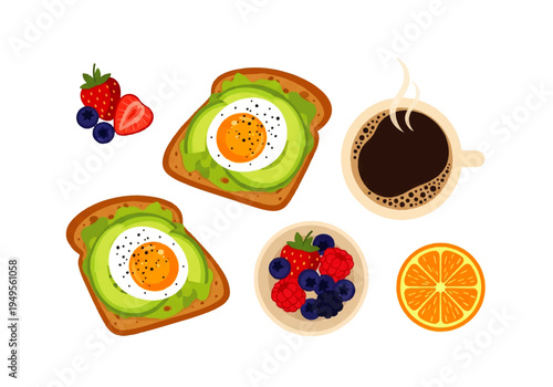 Avocado toast with egg and fruit.