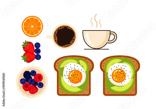 Avocado toast with egg and fruit 1.