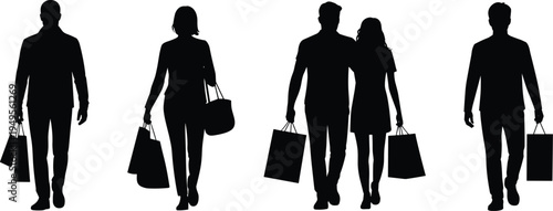 Black silhouette collection of diverse people and a couple walking with shopping bags isolated on a clean white background