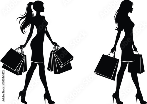 Black silhouette of elegant fashionable women carrying shopping bags walking in high heels isolated on white background for retail sale promotion