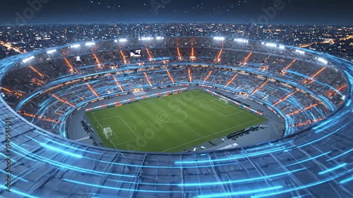 Futuristic Soccer Stadium At Night With Neon Lights and Cityscape Background