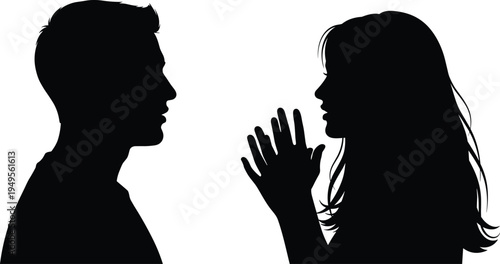 Black silhouette profile of young man and woman in deep conversation with pleading hand gesture isolated on white background for communication