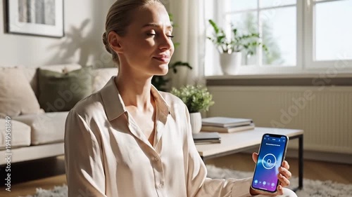 Calm Woman Meditating in a Bright Living Room Holding a Smartphone Displaying a Waveform Graphic in Soft Natural Sunlight