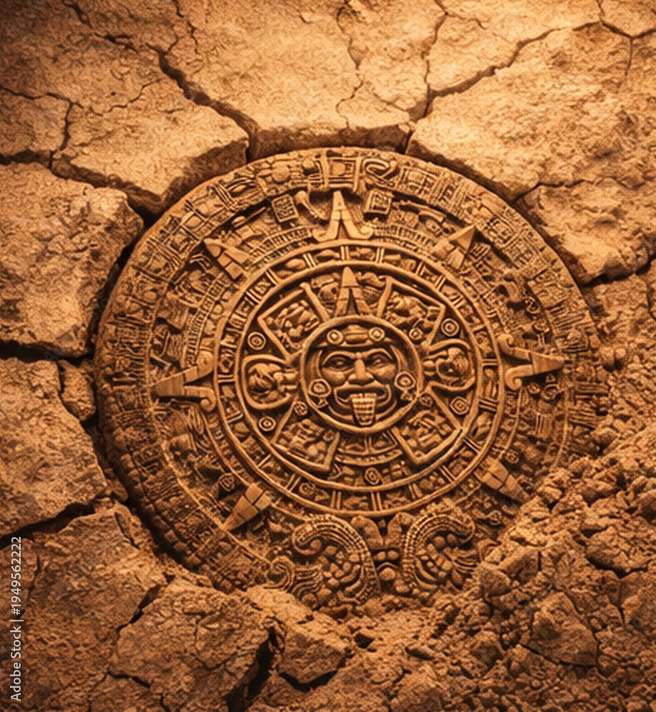 Naklejka premium Aztec Calendar Stone Emerging From Dry Cracked Ground