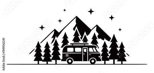 Black and White Van Life Camping Adventure with Retro Camper Van in Mountain Forest Vector
