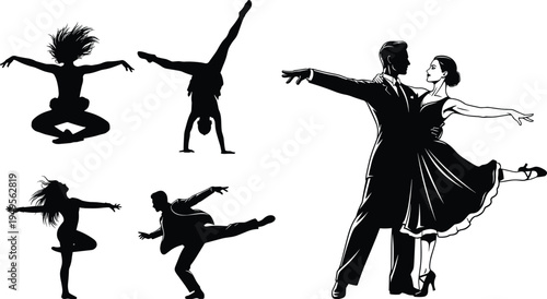 Set of black silhouettes with ballroom dance couple solo gymnastic performers and modern dancers in dynamic graceful poses isolated on white background