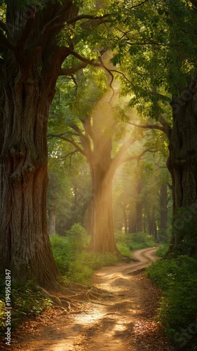 Sunlight streams through ancient forest trees illuminating dirt path motion through lush green nature outdoors