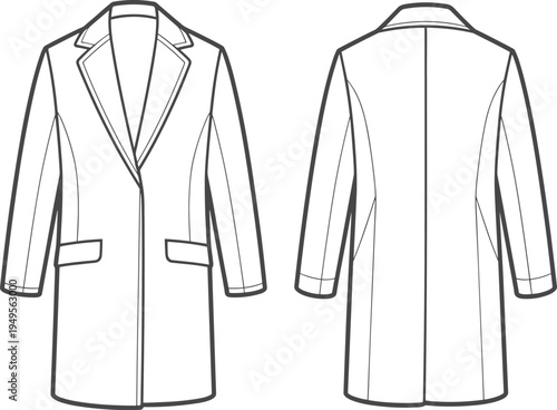 Women bomber jacket technical fashion flat sketch with zipper front, rib knit collar cuffs hem, front and back view