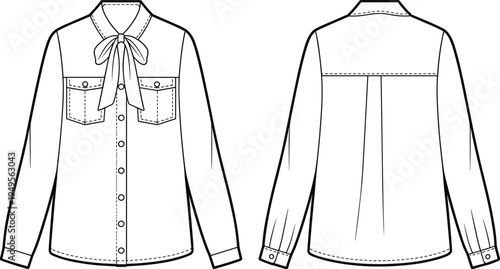 Women bow tie blouse technical fashion flat sketch with pockets, long sleeves, button front shirt template front and back view
