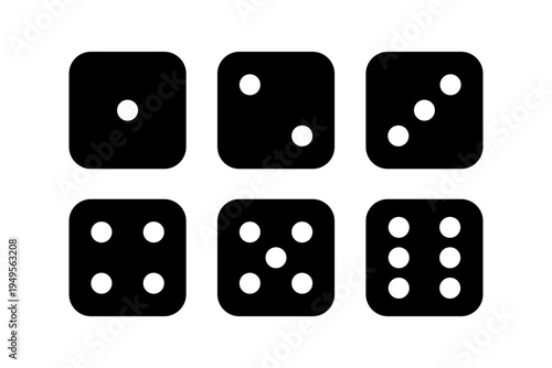 Set of all dice combinations from one to six in top view black silhouette vector